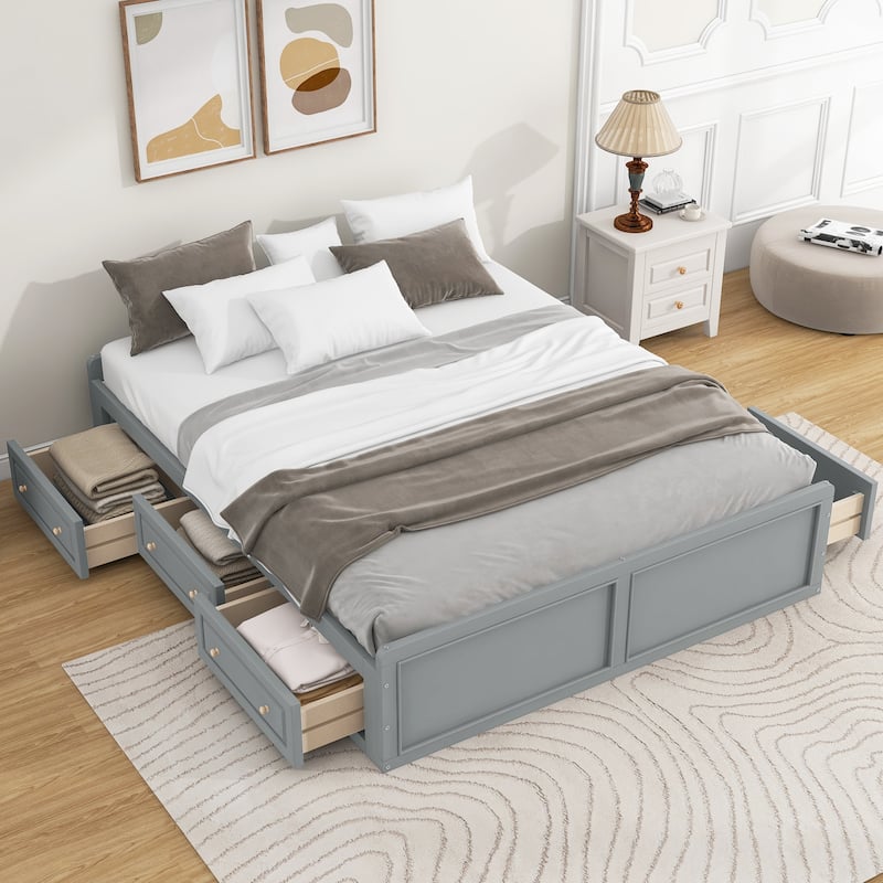 Open Frame Wooden Platform Bed Queen Size 6 Drawers - Grey - Queen