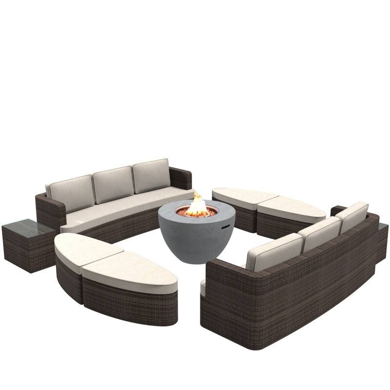 9-piece Patio Wicker Daybed Set with Concrete Fire Pit Table - Bowl