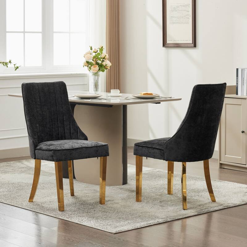 GDF Studio- Rayon Chenille Upholstered Dining Chair with Tufted Back & Golden Metal Base, Set of 2