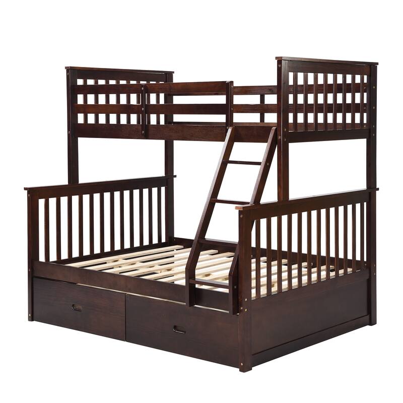 Twin Over Full Bunk Bed with Storage Drawers, Wooden Bunk Bed with Ladder and Safety Guard Rails -Espresso