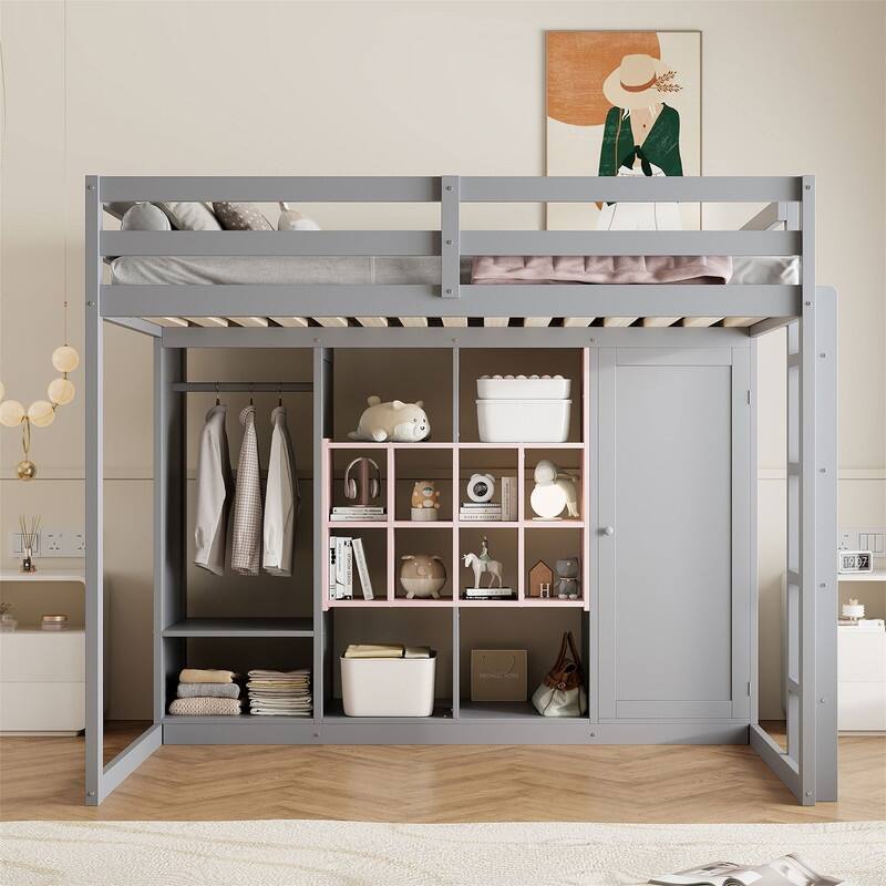 Twin/Full Size Loft Bed with Wardrobe and Cabinet, Wooden Loft Bedframe with Storage Shelves, Ladder and Guardrail for Kids