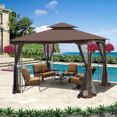 Brown 10x10 ft Patio Canopy Gazebo with Double-Tier Roof, Mesh Screens