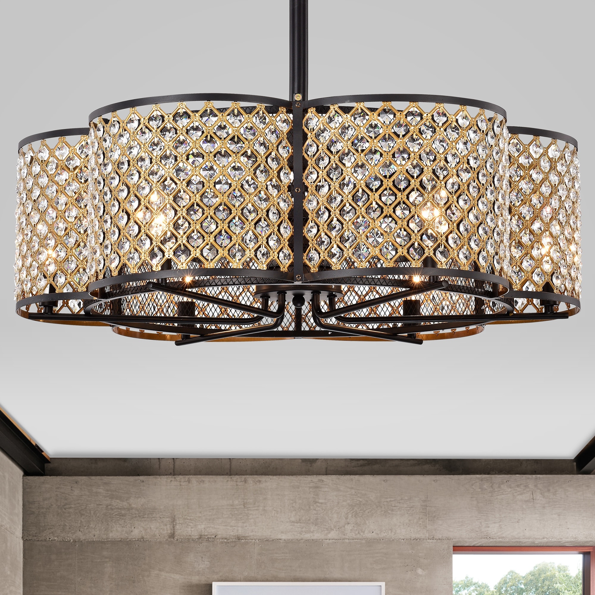 Warehouse of Tiffany Kakutani 30-inch 6-light Matte Black/Goldtone Crystal Lighted Ceiling Fan