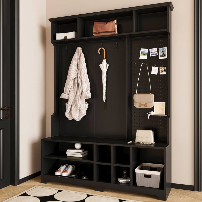 Modern Style Coat Rack with Shoe Bench, Shoe Storage, Storage Shelves and Pegboard, for Entrance and Hallway, Living Room