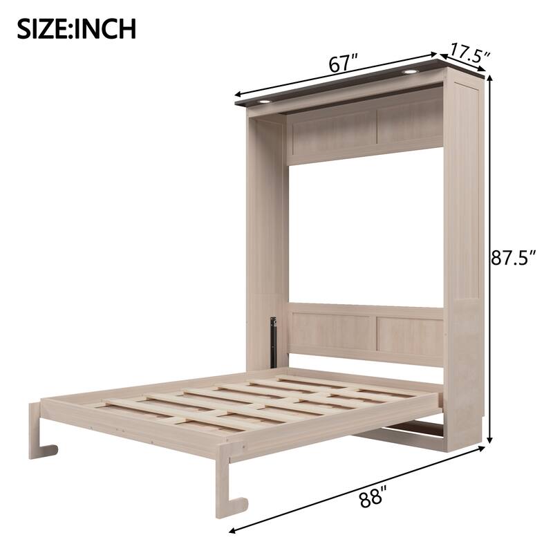 GDFStudio - Queen Wooden Murphy Bed with LED, Solid Wood Frame & Legs
