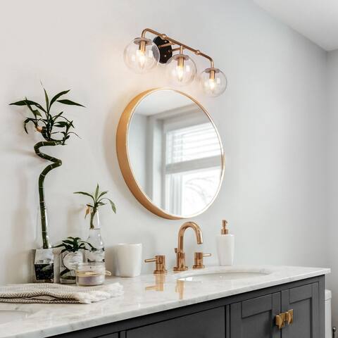 Malryn 3-Light Black Gold Linear Bathroom Vanity Lights Seeded Glass Wall Sconces - 24.5'' L x 7" W x 10'' H