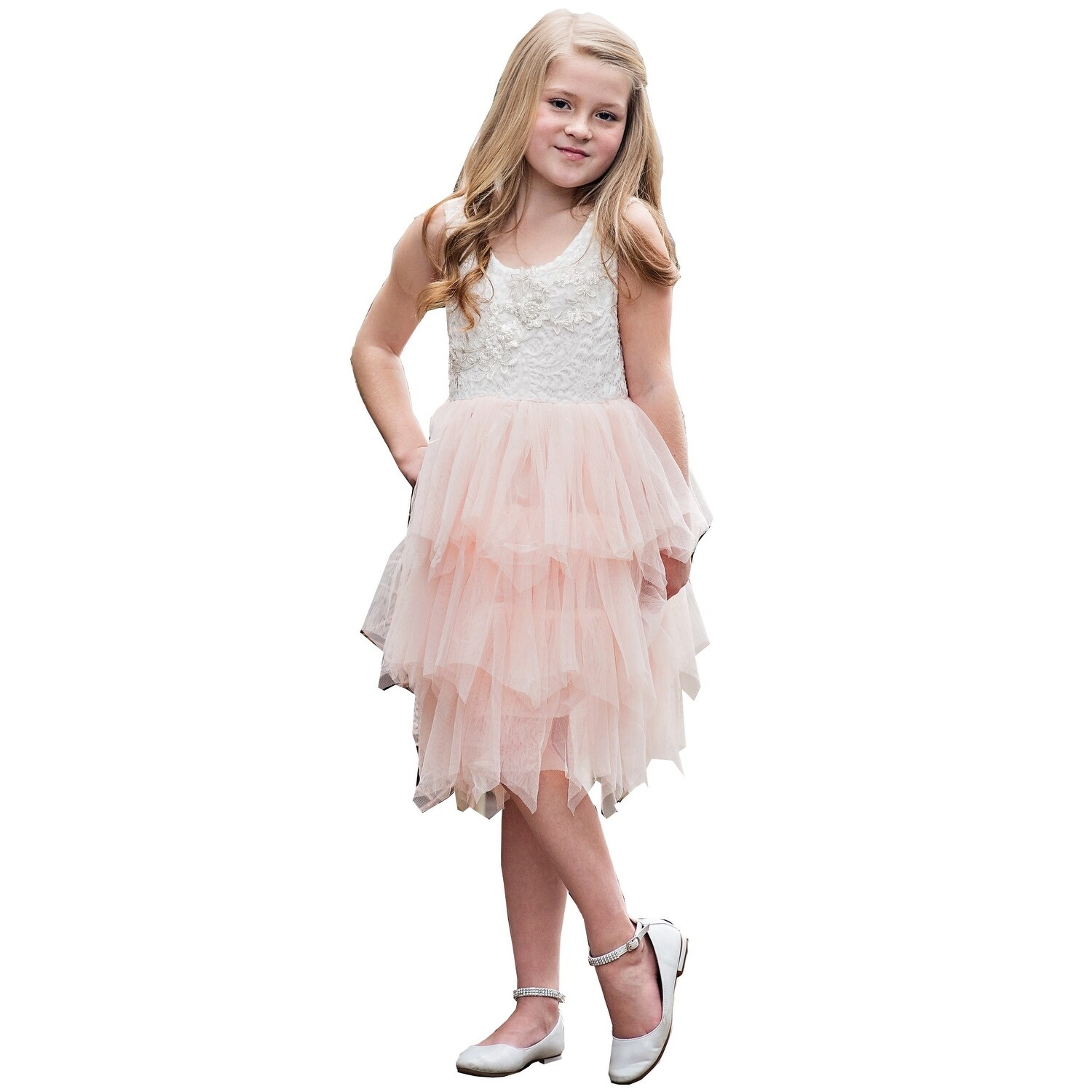 Shop Girls Ivory Floral Tired Skirt Knee Length Junior Bridesmaid