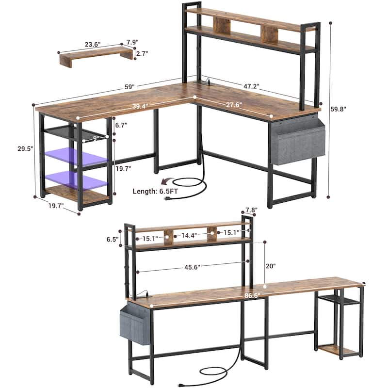 L-Shape Gaming Desk Wood Office Computer Table with Hutch and USB Port