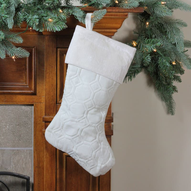 Quilted Christmas Stocking with Velvet Cuff - 19" - Cream and White