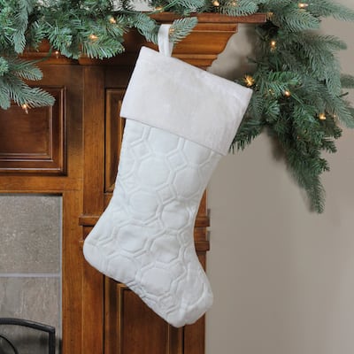 Quilted Christmas Stocking with Velvet Cuff - 19" - Cream and White