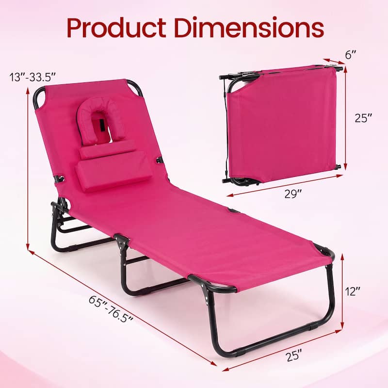 Gymax 2PCS Folding Beach Sun Lounger w/Face Hole Removable Pillows