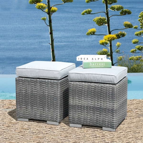 Outdoor Cushioned Rattan Wicker Ottomans (Set of 2) On Sale Bed