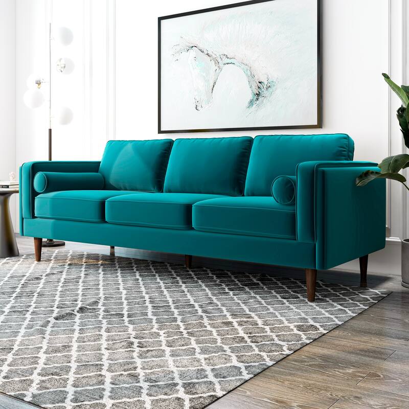 Flavia Mid Century Modern Style Sofa Couch for Living Room in Teal - 33" x 88" x 34"