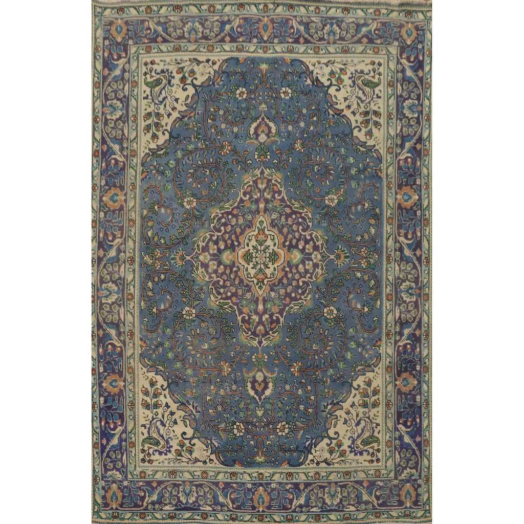 Hand Knotted Oriental 100% Wool Carpet Traditional Floral Navy Blue & Blues Tabriz Area Rug - 9' 4'' X 6' 9''