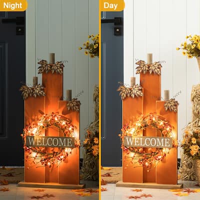 Glitzhome Fall Lighted Wooden Welcome Porch Decor w/Wreath