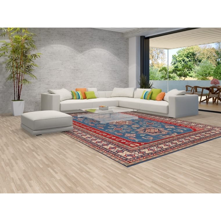 Blue Geometric Kazak Large Area Rug Hand-Knotted Wool Carpet - 9'9" x 13'2"