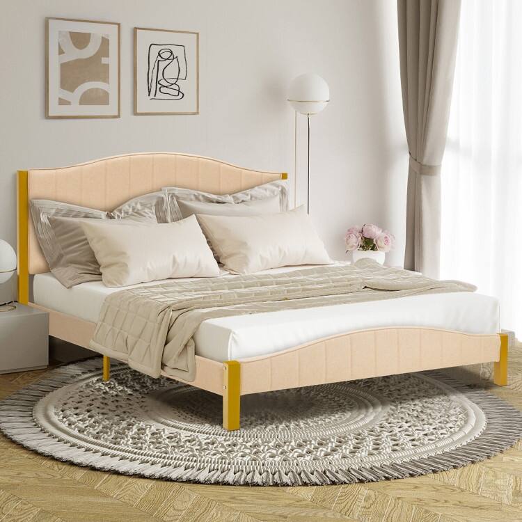 Full/Queen Size Upholstered Bed Frame with Quilted Headboard - Beige-Gold