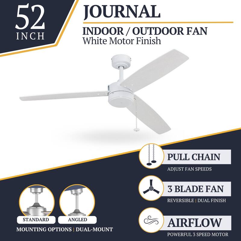 52" Prominence Home Journal White Contemporary Indoor/Outdoor Ceiling Fan with No Light, Pull Chain