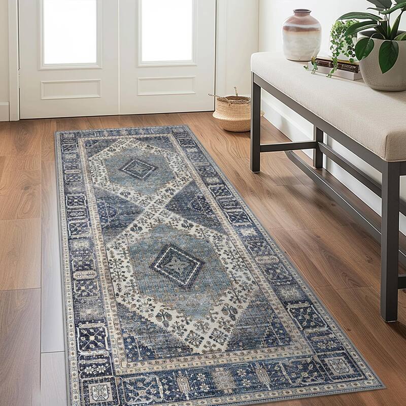 Mcow Faded Floral Vintage Low-Pile Machine Washable Non-Slip Area Rug - 2'X10' - Blue - Rectangle