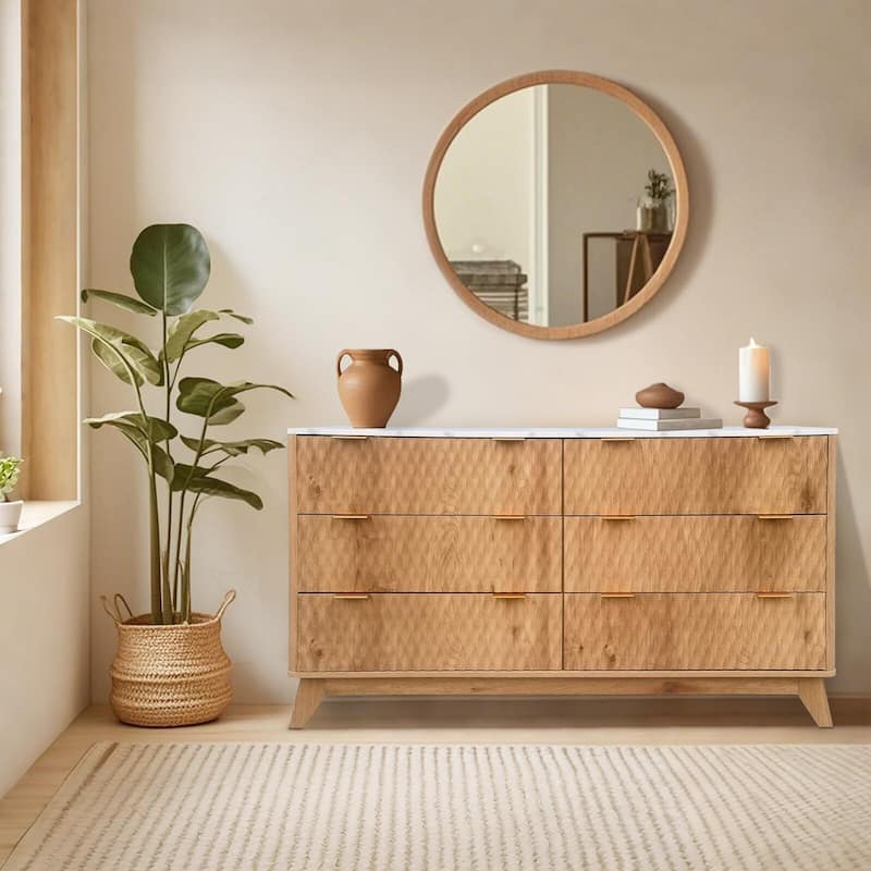 Bedroom Chest of Dresser Wood, 54" Drip Pattern Six-Drawer Chest with Faux Marble Top, Wide Wood Farmhouse Dresser