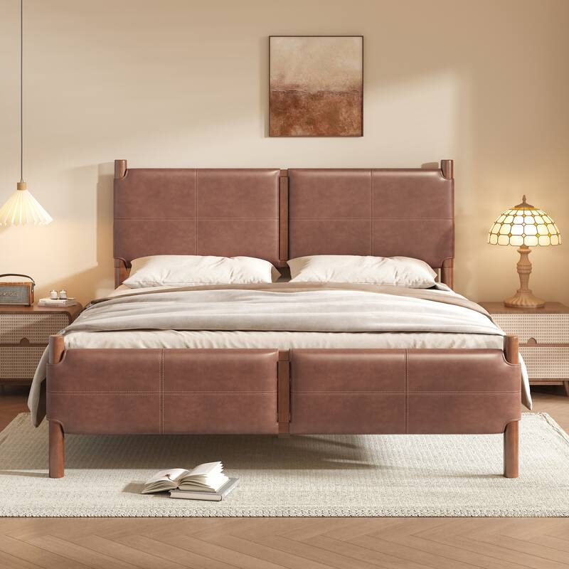 Solid Pine Platform Bed Frame, Faux Leather Upholstered Bed with Ergonomic Backrest, Wooden Slat Support