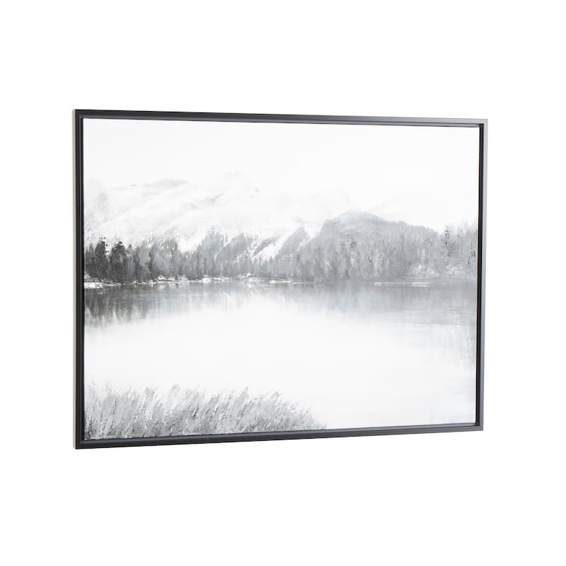 Gray Canvas Neutral Toned Lake Landscape Framed Wall Art with Black Frame