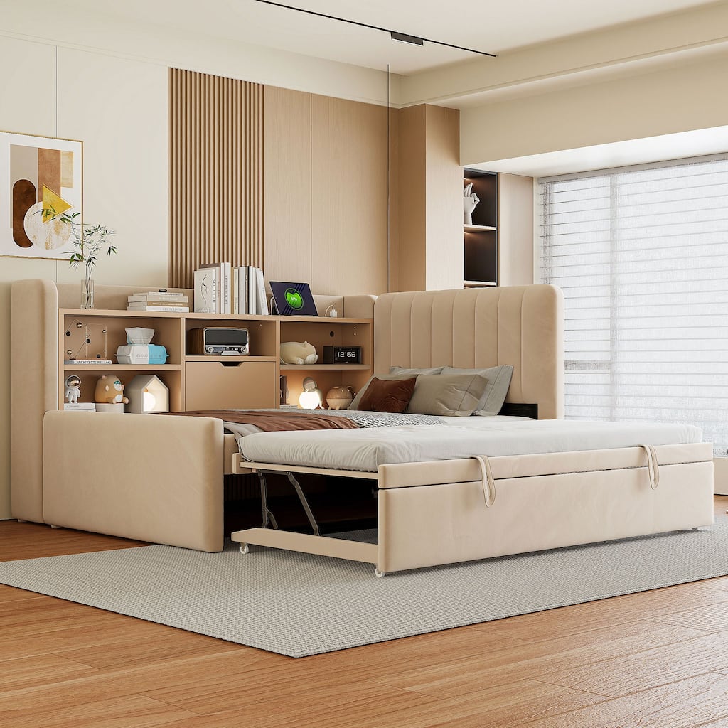 Twin Size Upholstered Daybed with Pop Up Trundle and Storage Shelves & Socket