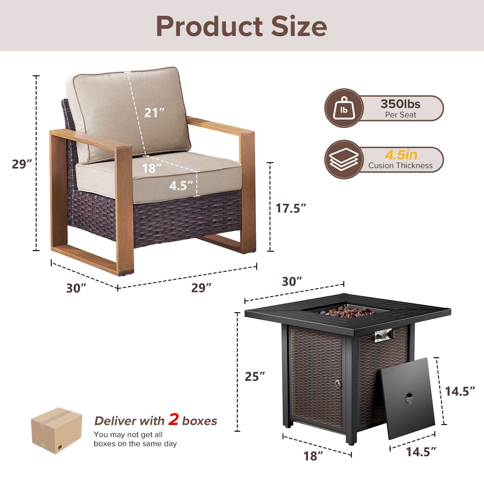 Meyreso 3-Piece Wicker Patio Conversation Set with Metal Fire Pit & Plush 4.5" Olefin Cushions