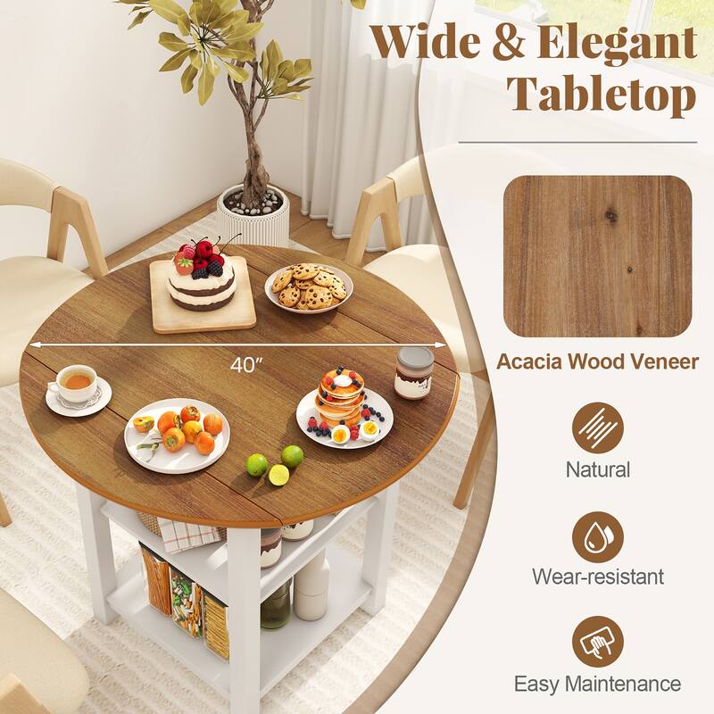 Gymax Folding Round Dining Table Drop Leaf Table w/ 2 Shelves for