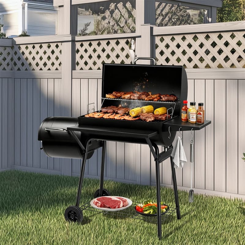 Barrel Charcoal Grill With Offset Smoker And Warming Rack Outdoor BBQ Grill For Backyard Patio Parties - N/A