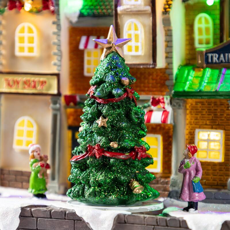 Glitzhome 13.75"L Lighted Christmas Train station Resin Village with Movement and Music
