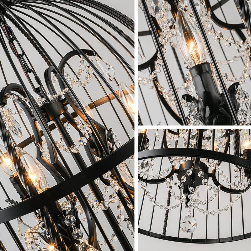 Vintage Industrial Birdcage Crystal Chandelier with Black Metal Cage and Crystal Accents - W17.72"