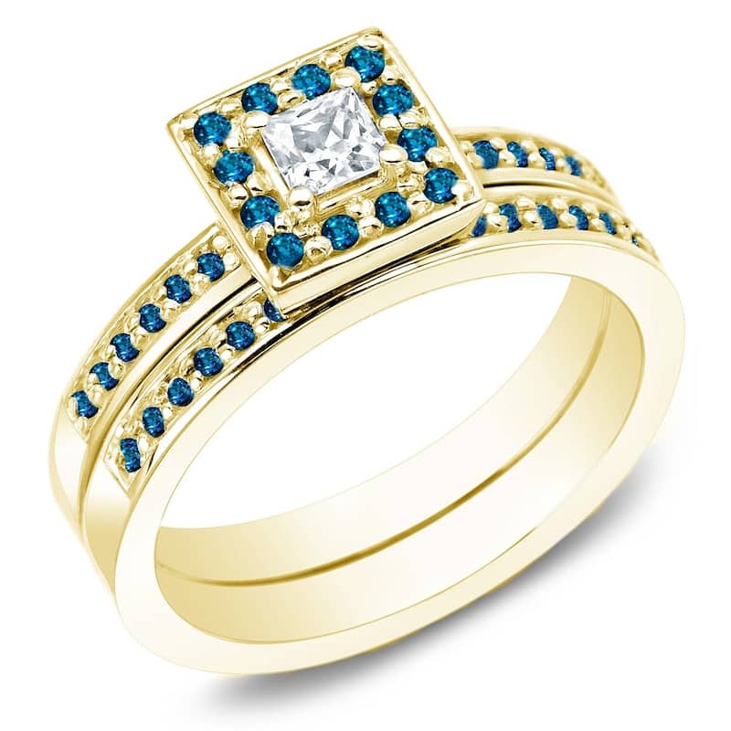Auriya 14k Gold 2/3ctw Princess Cut Halo Diamond Engagement Ring Set - Yellow - 4