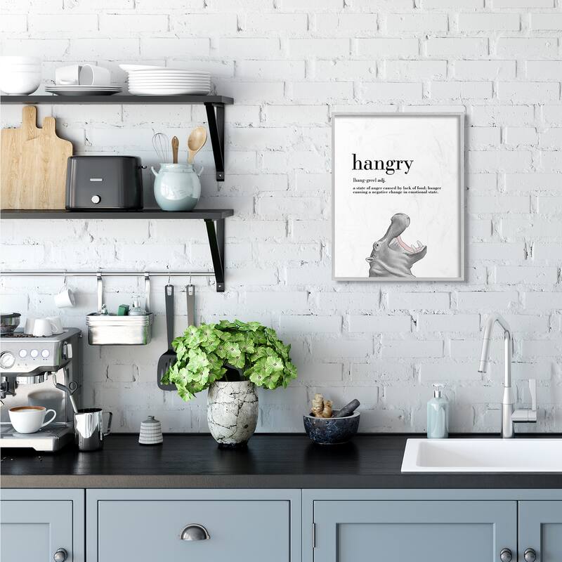 Stupell Hangry Definition Hippo Animal Drawing Word Design Framed Wall Art, Design By Artist Ziwei Li - 16 x 20 - Grey
