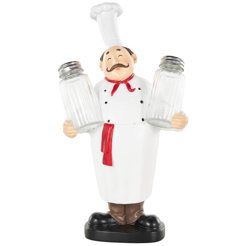 White Polystone Kitchen Decorative Figurine Chef Salt and Pepper Shaker Holder with Red Accents
