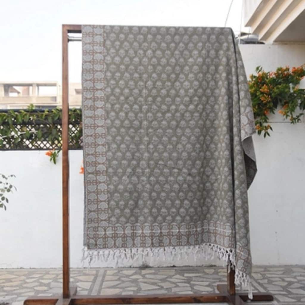 Fabdivine Chhatri Vintage Handwoven Organic Cotton Blanket - Block Printed Floral Bedding Throw, Artisan Home Décor, 90" x 54"