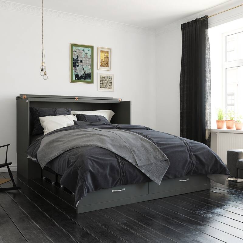 Hamilton Queen Murphy Bed Chest with 6" Mattress, Storage Drawer & Built-In Charger in Grey
