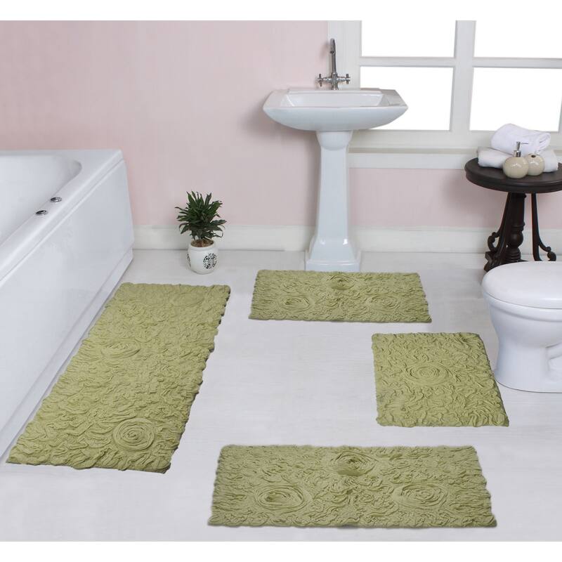 Home Weavers Modesto Collection 100% Cotton Bath Rug, Non-Slip Bath Rug, Extra Soft, Machine Wash, 4 Pcs Set with Runner - Green - 17"x24", 21"x34", 24"x40", 21"x54"