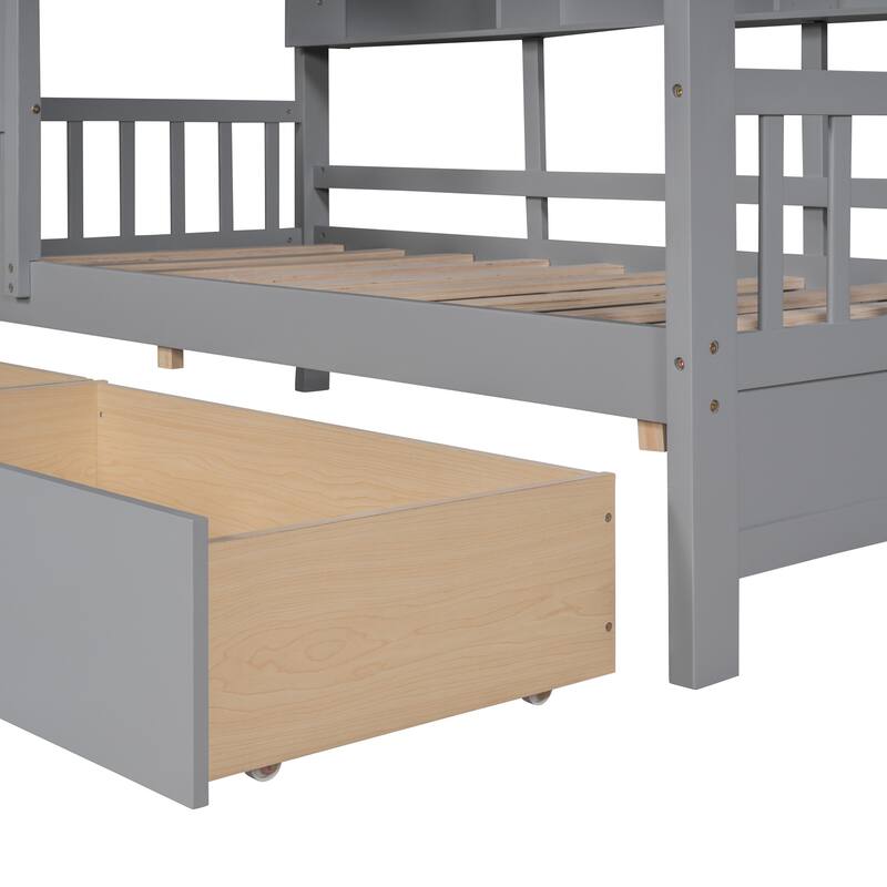 Wooden Twin House Bed with Roof and Storage, 2 Drawers Included, Gray