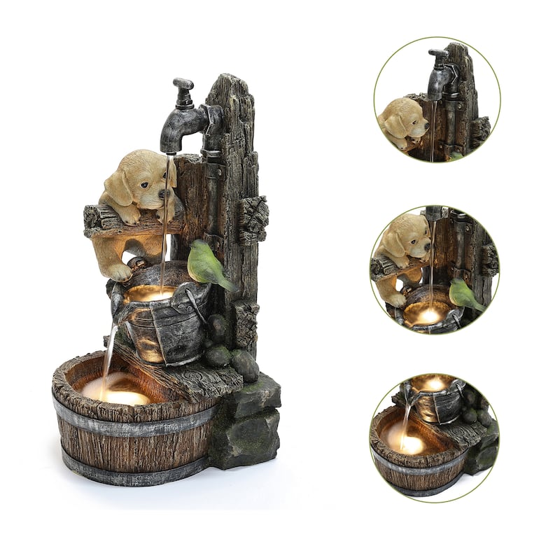 Puppy at the Farmhouse Faucet Resin Outdoor Fountain with Lights