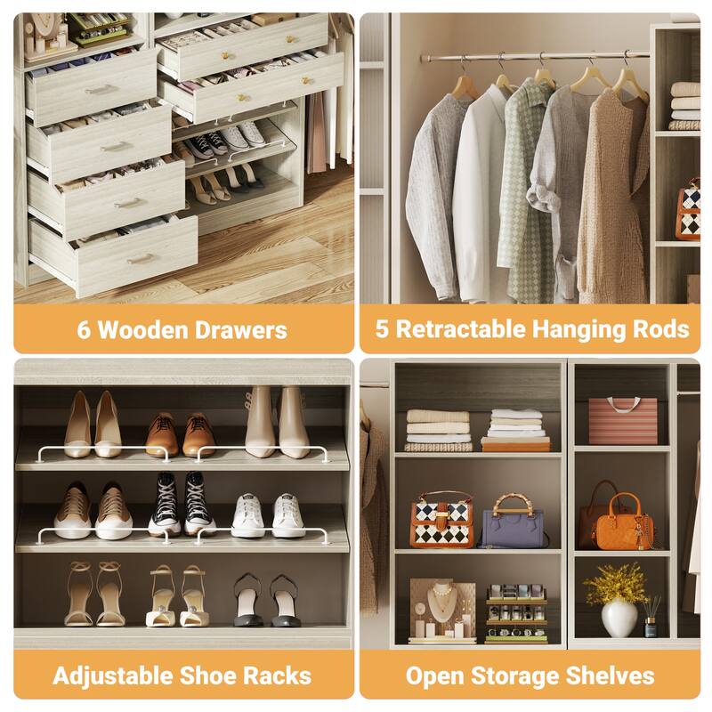 Set of 2 Closet Organizer System with Wood Drawers, Amoire Wardrobe with Hanging Rods