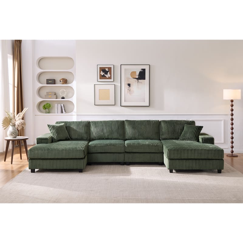 Modular Sectional Sofa with Dual Chaise Lounges, Corduroy Cloud Sofa with Armrest Storage Rack, Convertible 4-Seat Sleeper Sofa