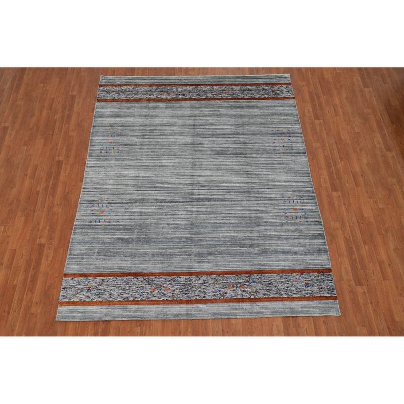Hand Knotted Oriental Viscose Silk Carpet Tribal Tribal Greys & Charcoal Gabbeh Area Rug - 10' 0'' X 7' 8''