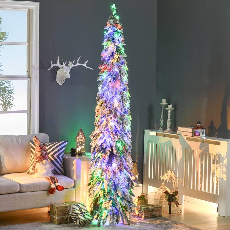 7ft Pencil Christmas Tree with Snow Flocked Branches and LED Lights, 350 Bulbs