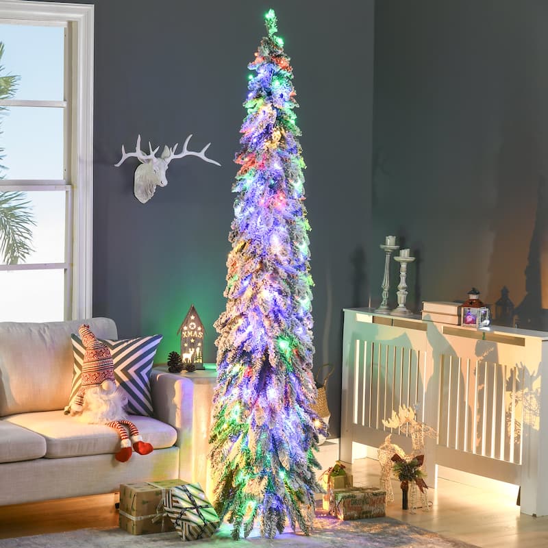 HOMCOM 7ft Tall Prelit Pencil Artificial Christmas Tree Holiday Décor with 534 Snow Flocked Branches, Downswept Shape - 6.89 ft - 7 Foot