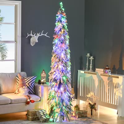 HOMCOM 7ft Tall Prelit Pencil Artificial Christmas Tree Holiday Décor with 534 Snow Flocked Branches, Downswept Shape - 6.89 ft