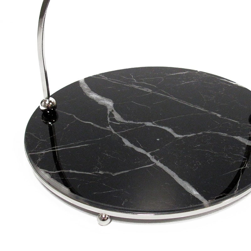 Round Marble Look Glass Decorative Tray Serving Platter with Silver Handles