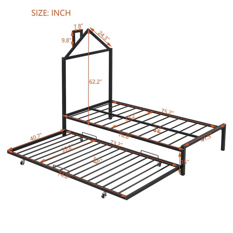 Metal Platform Bed with Twin Size Trundle,House-Shaped Headboard