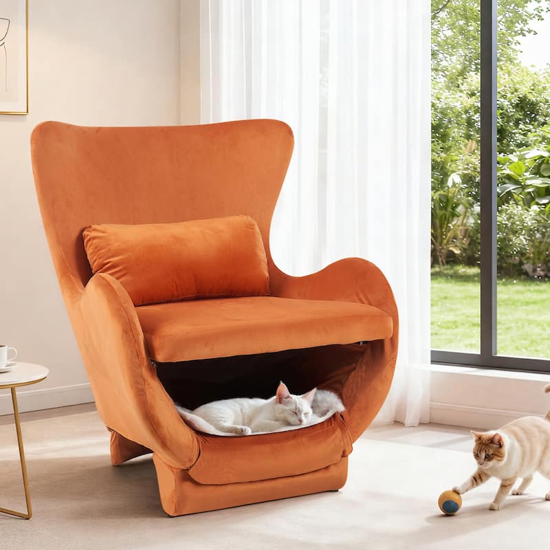 Furniture Style 2 in 1 Pet Friendly Modern Velvet Lounge Chair, Upholstered Back Accent Chair - Orange