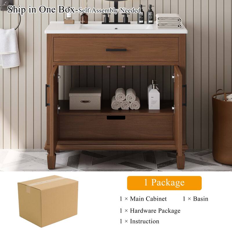 36" Rattan Bathroom Vanity with Ceramic Sink
